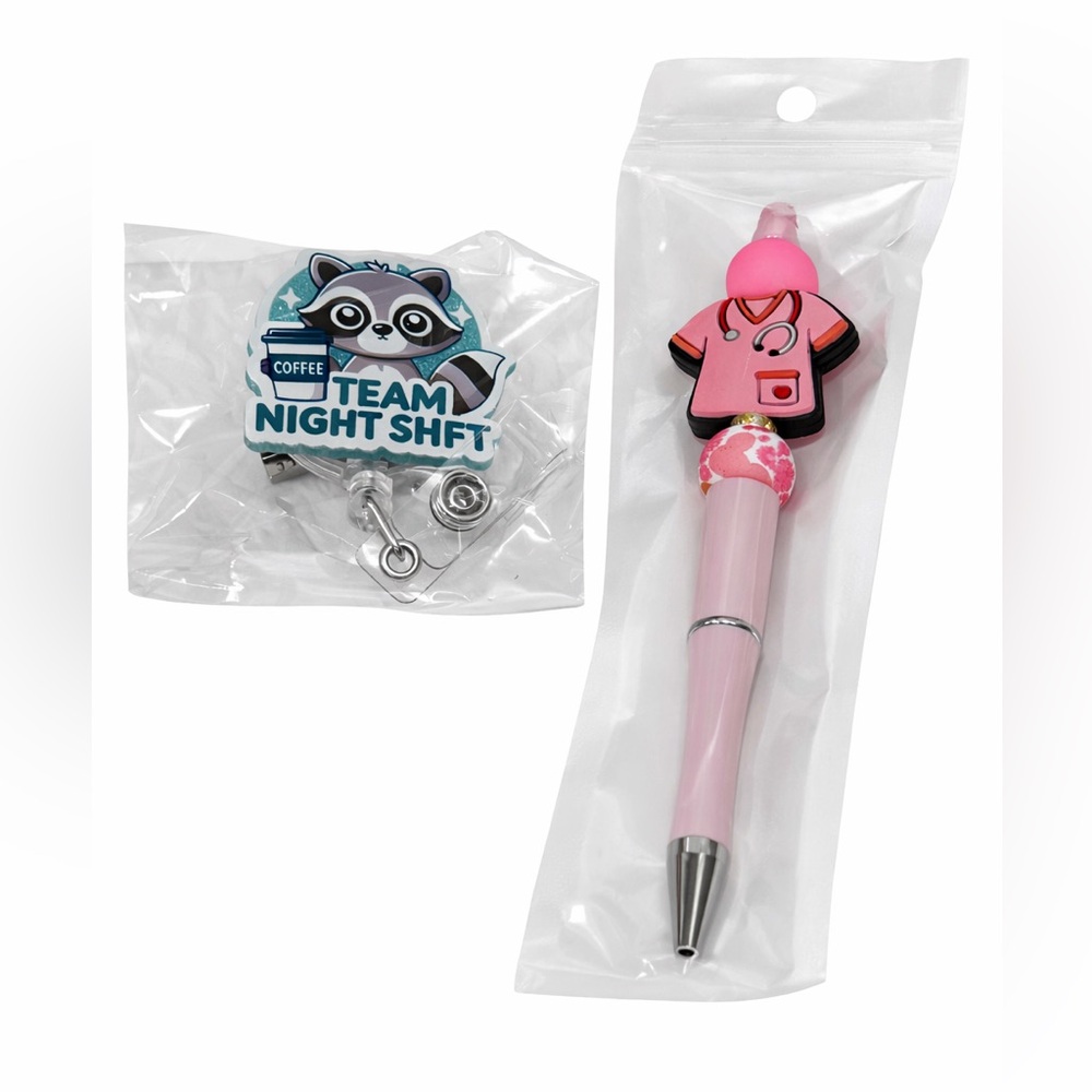Handmade Nurse Pen & Team Night Shft Badge Reel Set